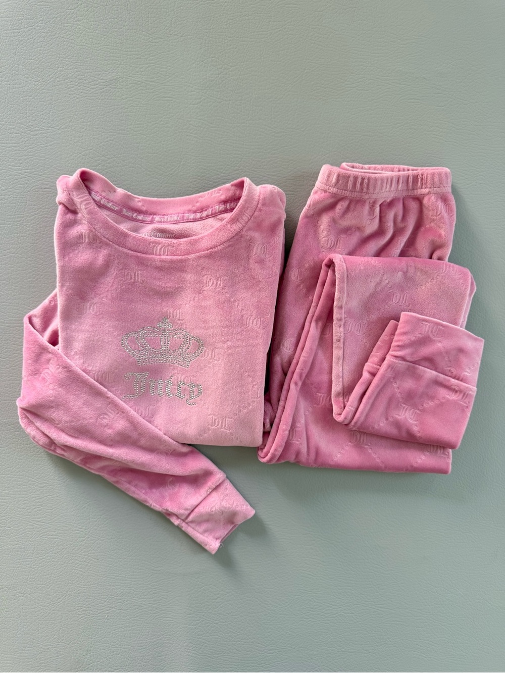 Juicy Couture Girls Pink Velour Pajamas Set Silver Rhinestone Design size 12